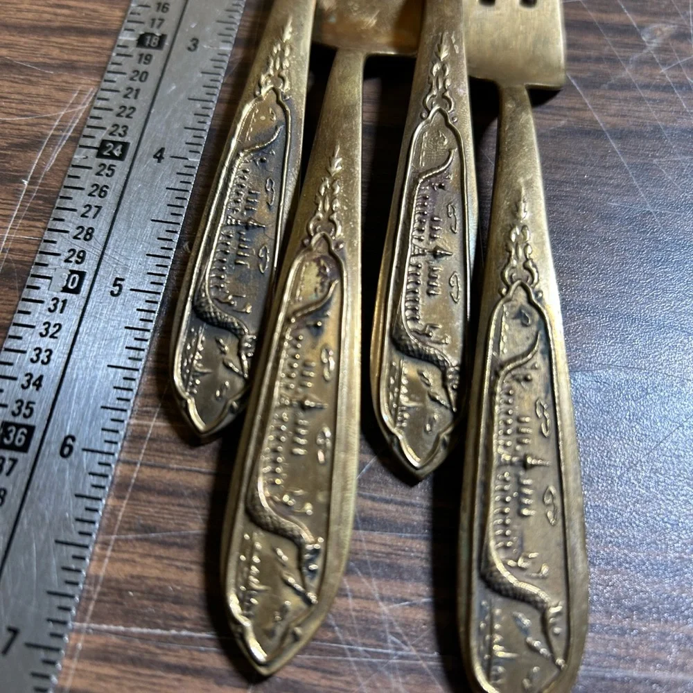 Vintage Brass Flatware Dragon Viking Ship Design Set of 4 Cocktail Shrimp Forks